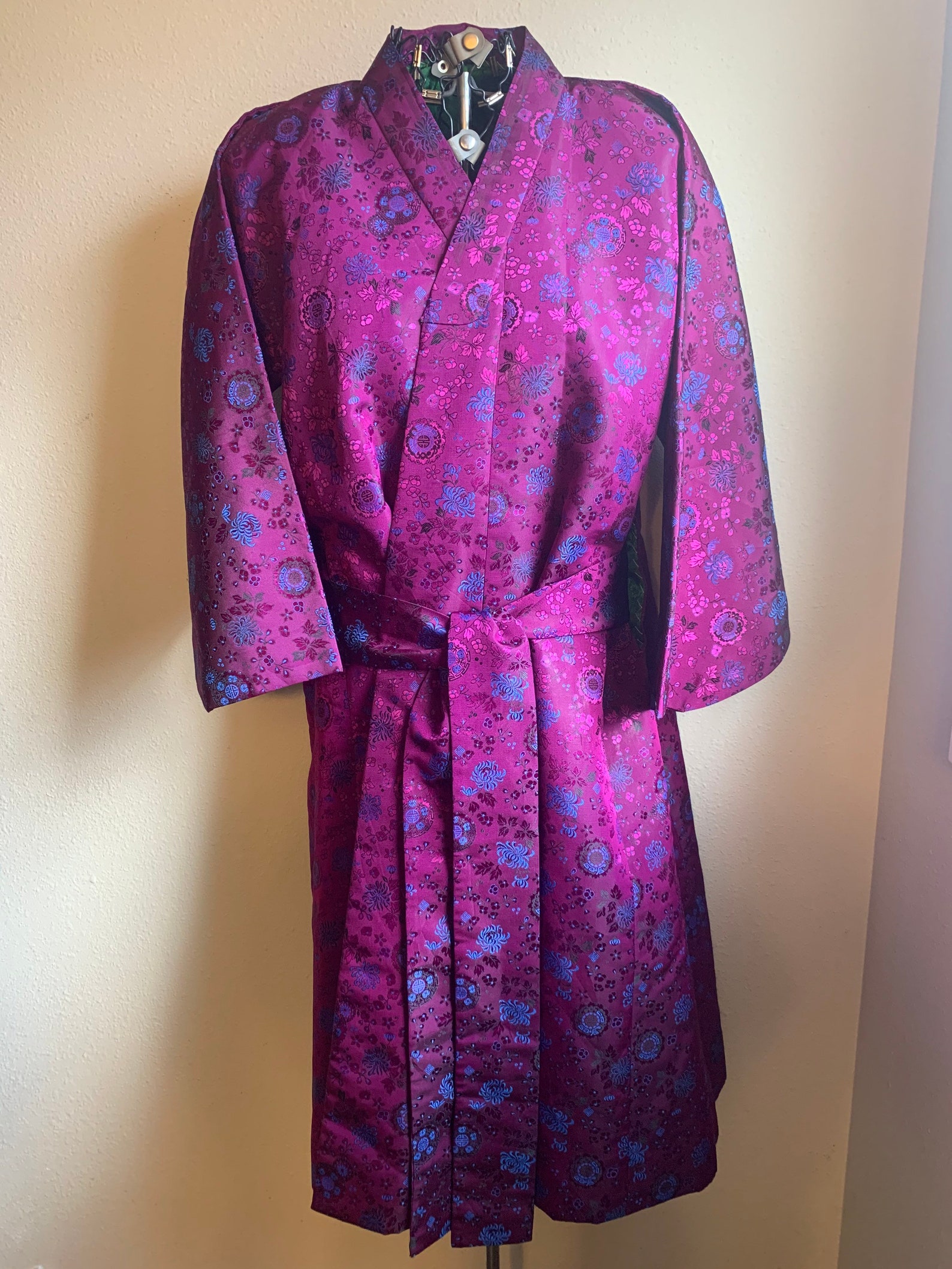Vintage Floral Embroidered Robe Purple Emerald Green Etsy