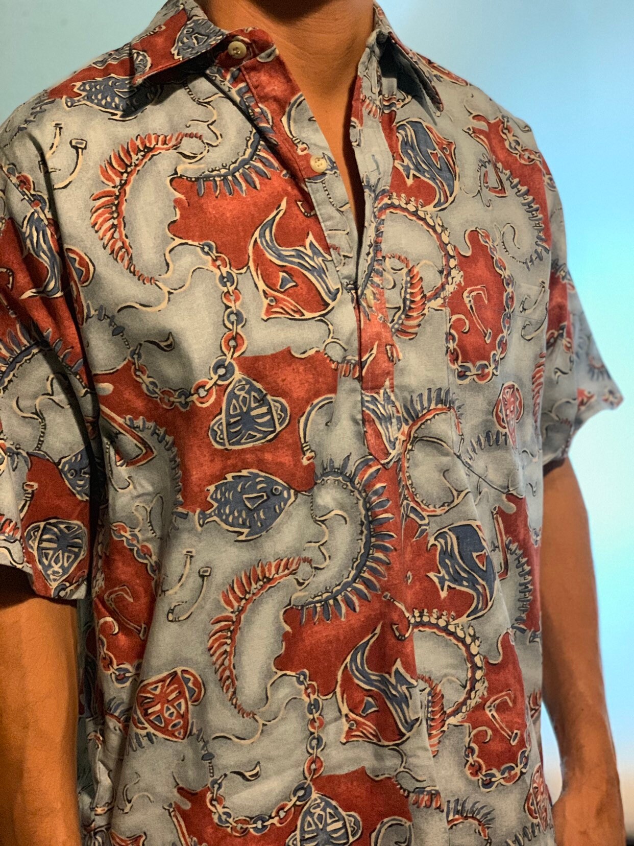 トップス 80'S Go BaReFoot ALOHA SHIRTS Vintage Go Barefoot Hawaiian Shirt Blue Red Fish Crab Sea