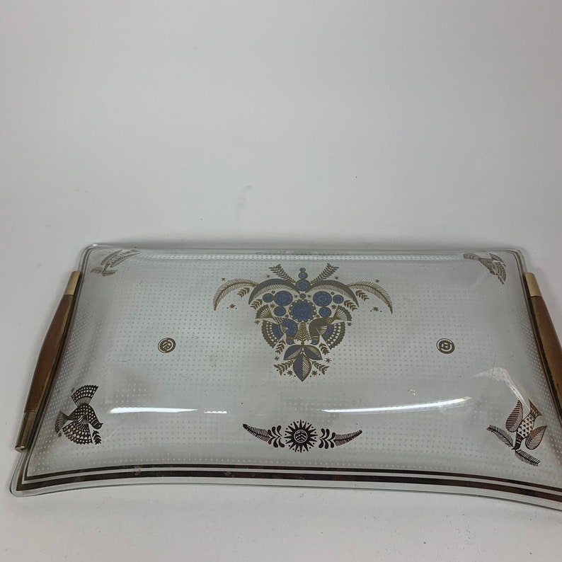 Vintage Glass Gold Painted Bird Decorative Serving Tray Platter Jewelry Dish with Wooden Handles 11 x 6