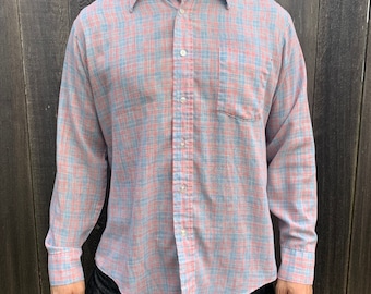Vintage Blue Pink Pastel Plaid Cotton Button Up Shirt Men's Size Large