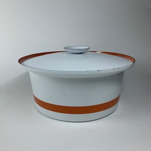 Vintage Enamel Steel  10&quot; Dutch Oven with Matching Lid White and Orange