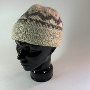 Vintage Wool Knit Beannie Hat Cap Tan Brown Pattern