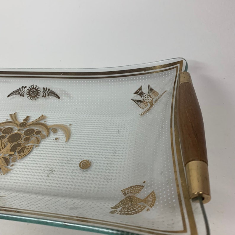 Vintage Glass Gold Painted Bird Decorative Serving Tray Platter Jewelry Dish with Wooden Handles 11 x 6