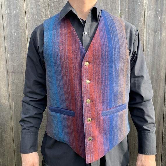 Pendleton Vintage Button up Navy Blue Burgundy Wool Plaid Vest