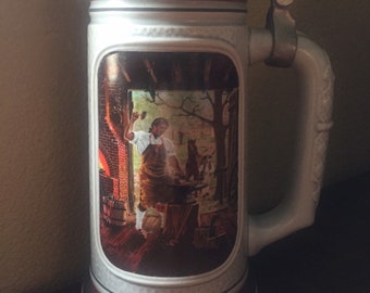 Avon Antique Vintage Ceramic Beer Stein Collectable Handmade Pottery Blacksmith Farrier Iron Work Anvil Forge 1985