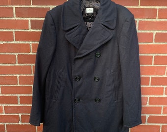 Vintage militar negro lana chaqueta de guisantes con botones de ancla de plata de los hombres mediano grande