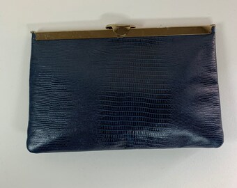 Vintage Leather Reptile Print Purse Hand Bag Clutch Navy Blue with Gold Metal Clasp Mid Century Modern