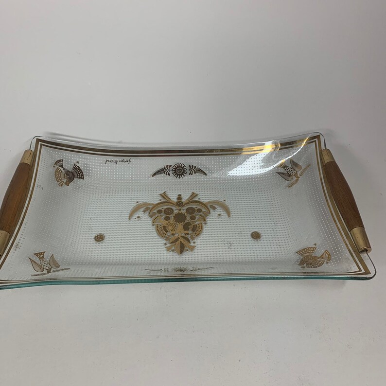 Vintage Glass Gold Painted Bird Decorative Serving Tray Platter Jewelry Dish with Wooden Handles 11 x 6