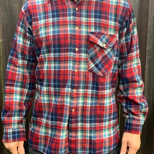 Pendleton Vintage Skjorta med knappar, vinröd blå rutig ull, storlek XL, läder, armbågslappar
