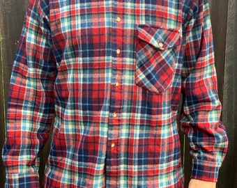 Pendleton Vintage Button Up Burgundy Red Blue Wool Plaid Shirt Size XL Leather Elbow Patches