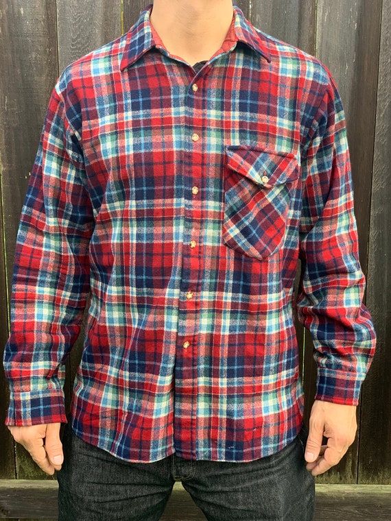 Pendleton Vintage Button up Burgundy Red Blue Wool Plaid Shirt 