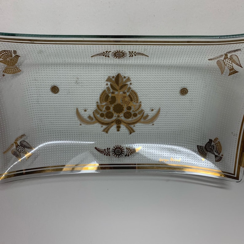 Vintage Glass Gold Painted Bird Decorative Serving Tray Platter Jewelry Dish with Wooden Handles 11 x 6