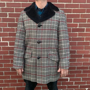 Casaco longo de lã vintage tweed xadrez Pendleton com gola de pele tamanho 44 masculino grande