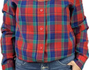 Vintage Women’s Pendleton Button Up Red Blue Teal Purple Lightweight Wool Plaid Shirt Size Medium