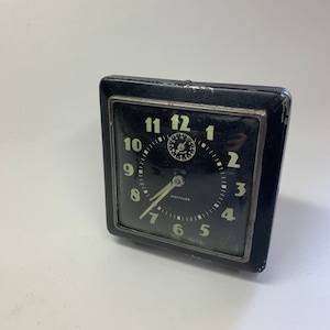 Mid Century Westclock Vintage Windup Cordless Alarm Clock Black Meta Square Glow in the Dark