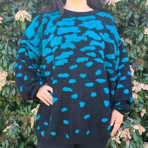 Vintage Domani Knit Teal Black Crewneck Pullover Sweater Synthetic Blend Women&#39;s Medium Large