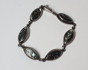 Vintage Sterling Silver and Abalone Clasp Link Bracelet