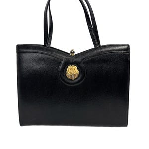 Bolso de mano vintage Dobbies de cuero negro con diseño de rosa de baquelita