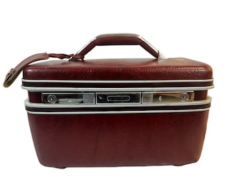 Vintage Samsonite Burgundy Red Cosmetic Bag Train Case Carry-On Tote Luggage with Key and Mirror