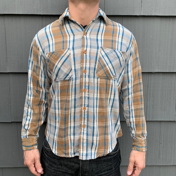 Vintage Big Mac JC Penny Blue Brown Tan Plaid Flannel Cotton