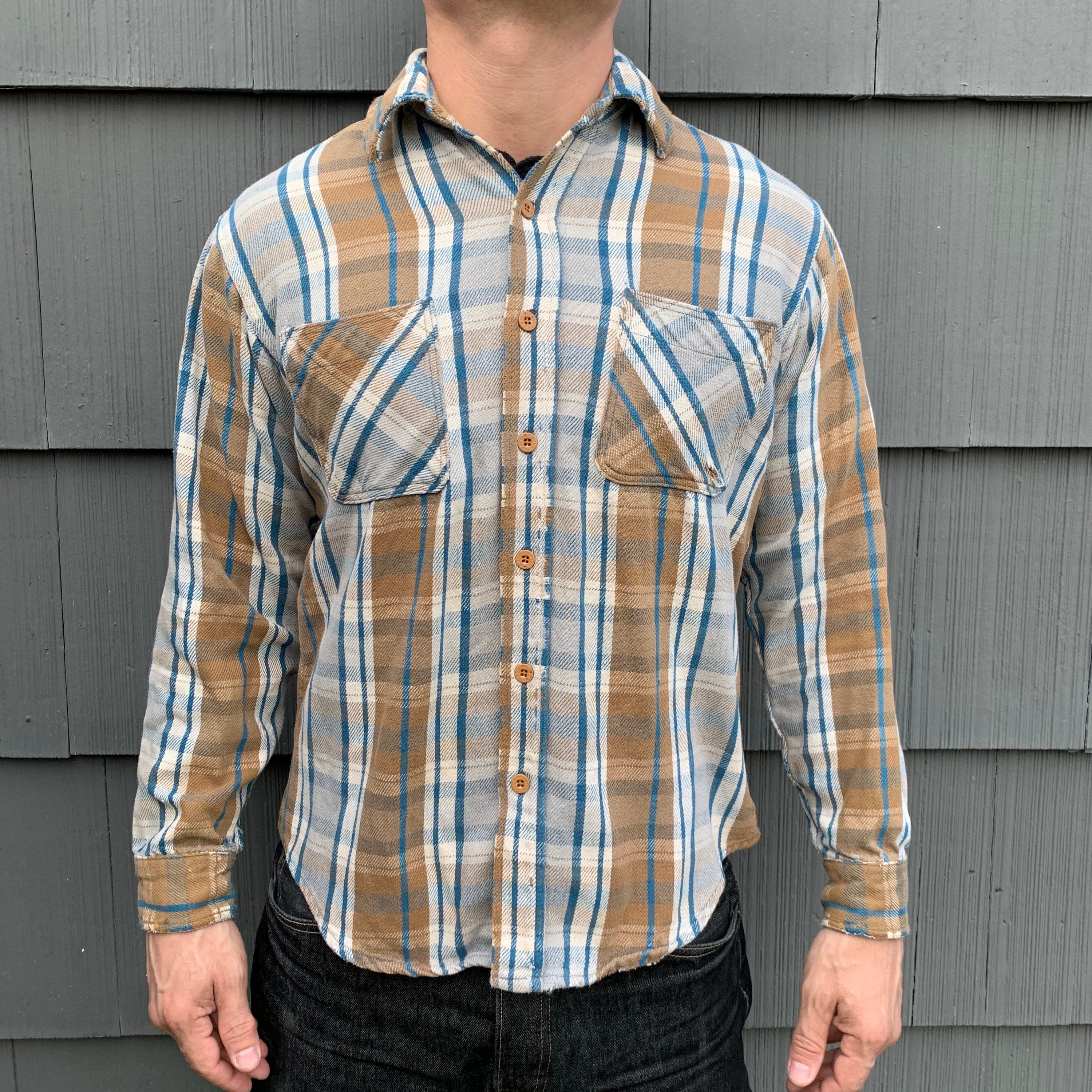 Vintage Big Mac JC Penny Blue Brown Tan Plaid Flannel Cotton
