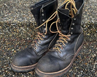 Redwing Black Leather Lace Up High Top Military Work Boots Shoes with Vibram Soles Men's Size 9