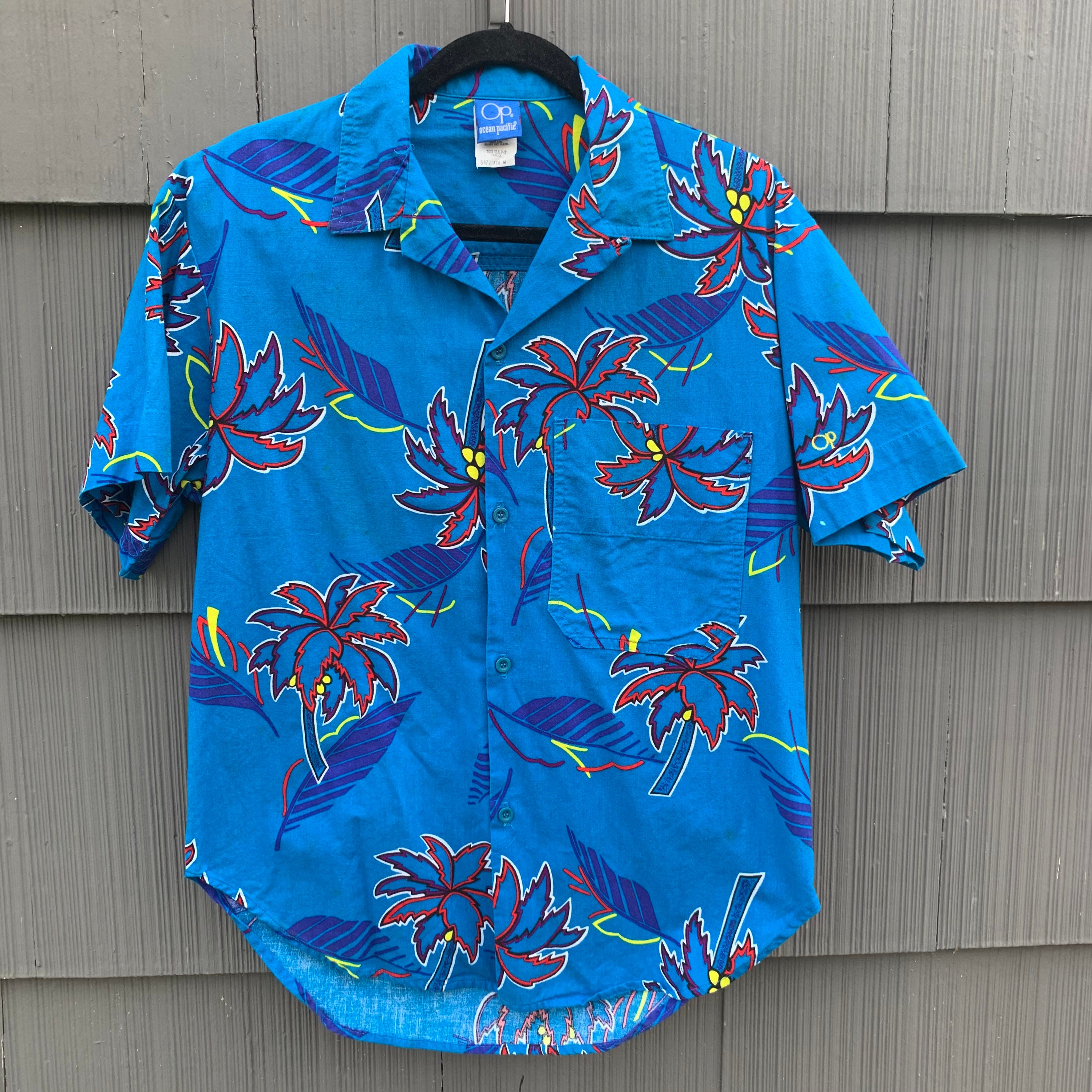 Vintage Ocean Pacific Hawaiian Shirt Blue Short Sleeve Button up 