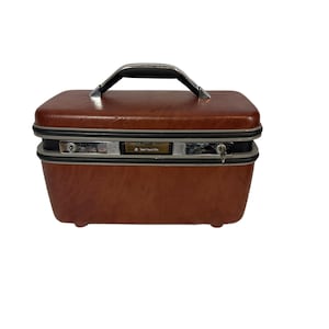 Vintage Samsonite bruine make-uptas treinkoffer handbagage met sleutel en spiegel