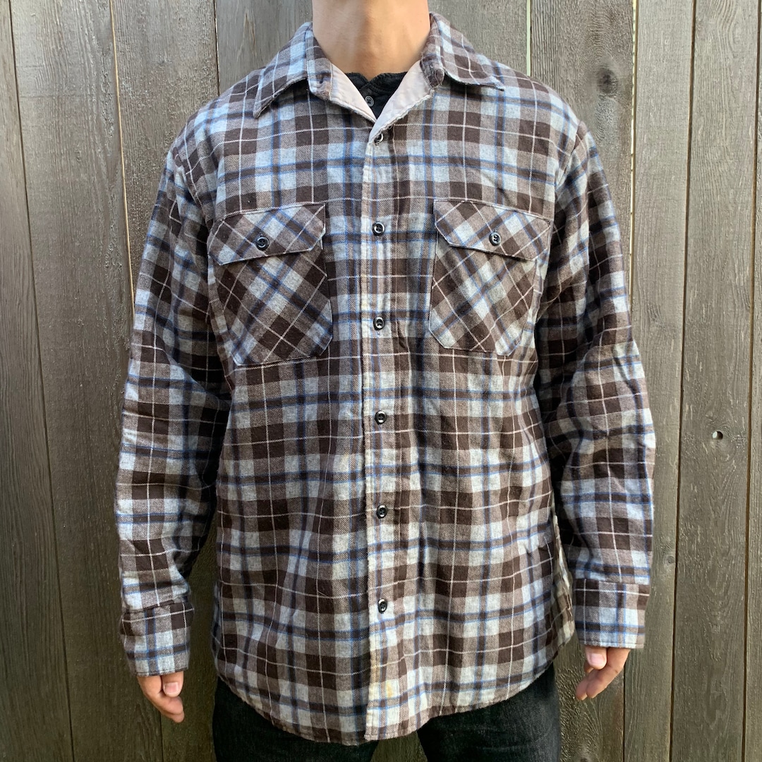 Vintage Sears Brown Tan Plaid Flannel Cotton Blend Button up Shirt
