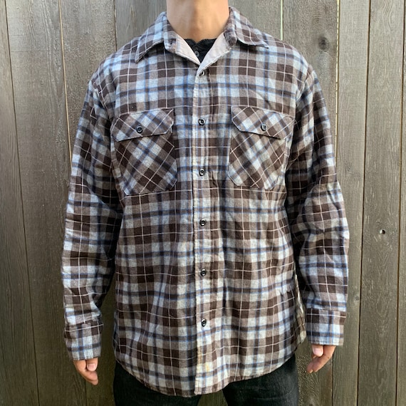 トップス 1950's SEARS L/S SHADOW PLAID FLANNEL RETRO Vintage 70S MEN SEARS Flannel Shadow Plaid Shirt L