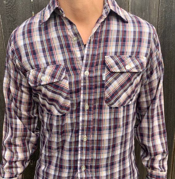Vintage Levi s Red Blue Cotton Plaid Button up Dress Shirt Men s Size Medium Etsy Ireland