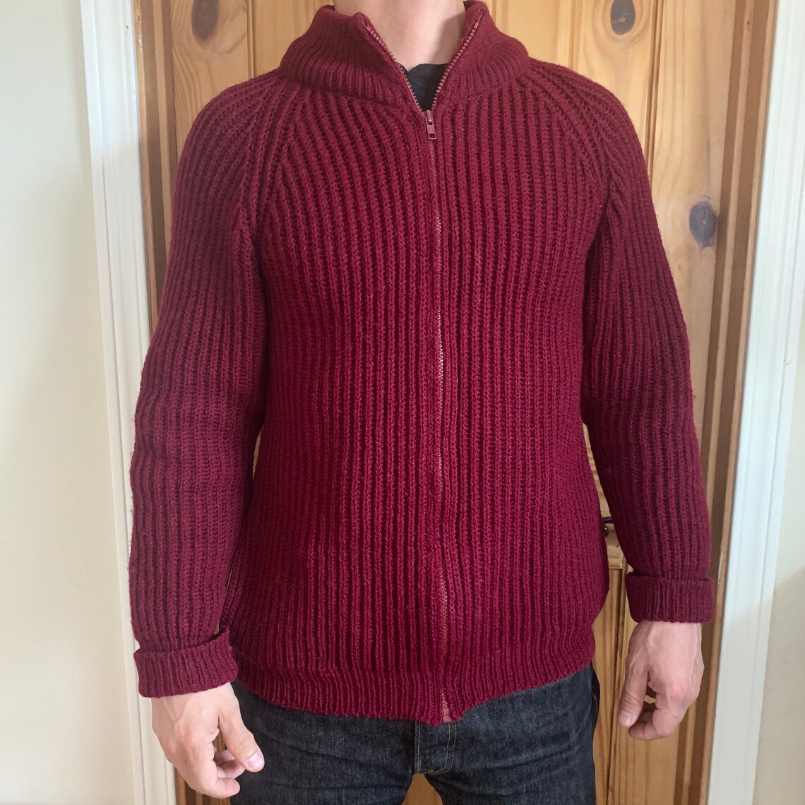 Vintage Eddie Bauer Knit Wool Burgundy Cardigan Zip up Sweater Etsy