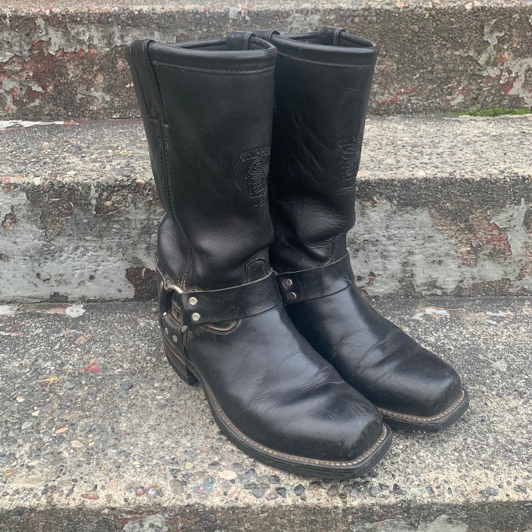 Vintage Chippewa Black Leather Harness Western Work Biker Boots Pull on ...