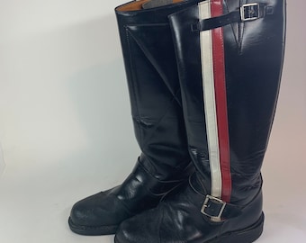 Mid Century Thorogood Pin Stripe Black Leather Motorcycle Riding Equestrian Work Biker Boots Men's Size 8 Knee High