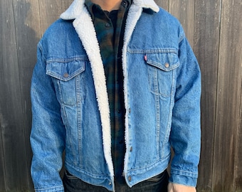 Vintage Levi's Blu Denim Jean Giacca Occidentale Button Up sintetico Sherling Dimensione Fodera toslta Grande Uomo