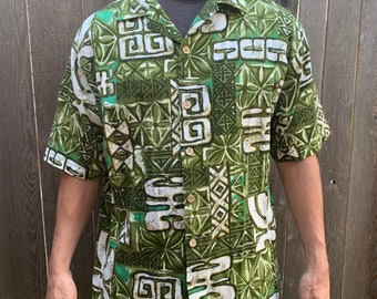 Vintage ODO Hawaiian Shirt Short Sleeve Green Tiki Print Men's XL