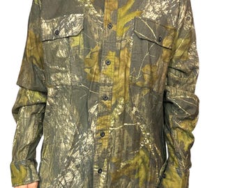 Vintage Field Staff Mossy Oak Camo Green Work Hunting Field Shirt Cotton Men's XL