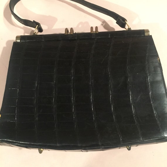 Vintage Black Leather Alligator  Pattern Purse Ha… - image 4