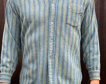 Rare Pendleton Blue and Yellow Green Striped Vintage Wool Button Down Shirt Men's Size Medium