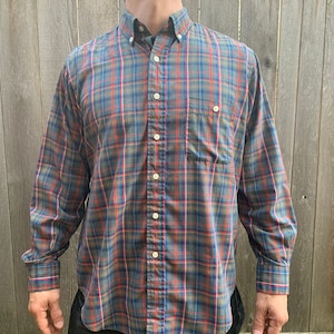 Vintage Towncraft Red Brown Blue Cotton Blend Plaid Button Up Dress Shirt Men&#39;s Size Large