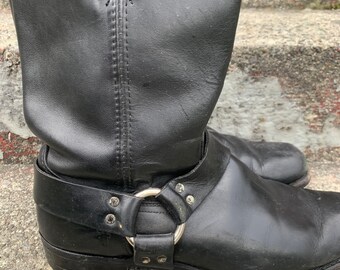 Vintage FRYE Black Leather Harness Western Work Biker Boots Pull On Men s Size 12 M