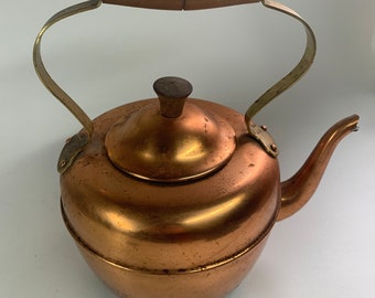 Vintage Copral Copper Tea Kettle Stove Top Coffee Tea Maker with Wooden and Brass Handle Medium