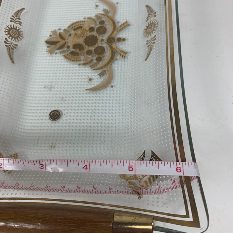 Vintage Glass Gold Painted Bird Decorative Serving Tray Platter Jewelry Dish with Wooden Handles 11 x 6