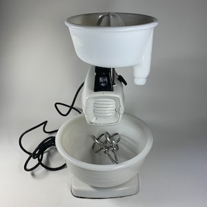 Vintage Mid Century Montgomery Ward Stand Mixer with Two Beaters and Two Bowls Juicer and Funnel Attachment