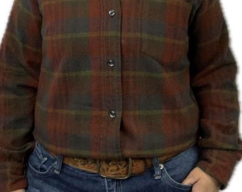 Vintage Lady Pendleton Button Up Burgundy Rust Brown Wool Plaid Shirt Size Women’s Medium