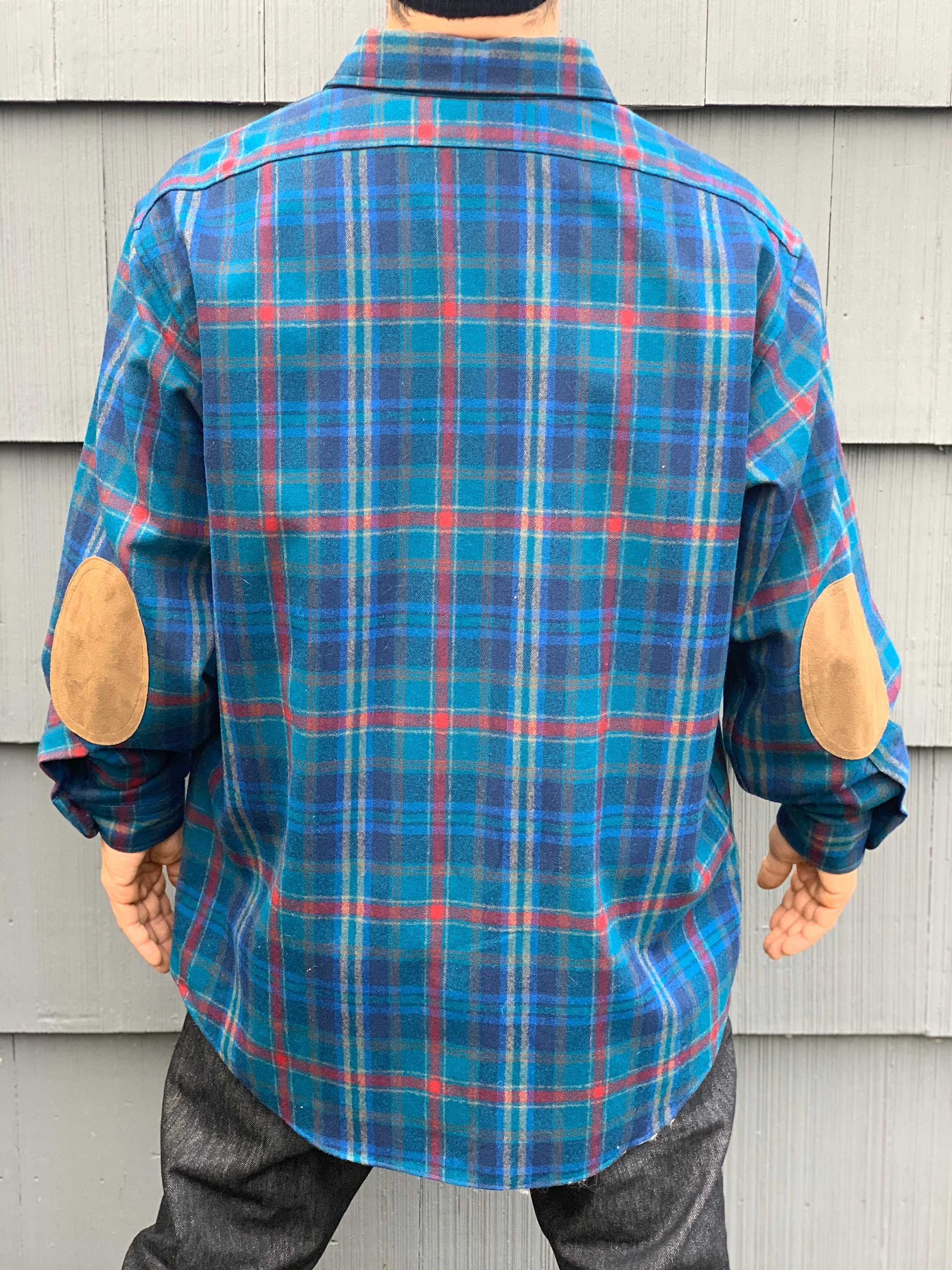 トップス 70s PENDLETON Elbow patch Wool shirt Pendleton Vintage Button up Men's Blue Green Wool Plaid Shirt Size