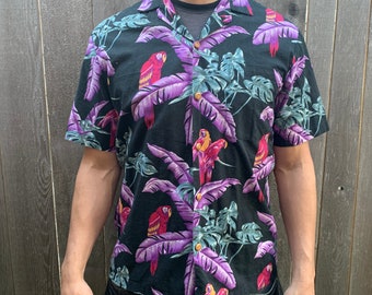 Vintage Paradise Found Hawaiian Shirt Short Sleeve Button Up Black Purple Green Parrot Palm Leaf Print Men's Small