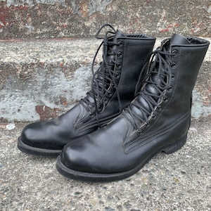 Vintage Addison Black Leather Lace Up High Top Military Work Boots Shoes with Vibram Soles Men&#39;s Size 8.5 D
