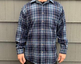 Camisa masculina Pendleton vintage com botões de lã xadrez preta cinza grande e longa