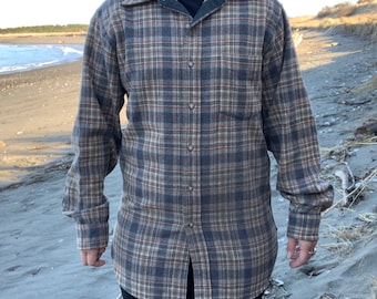 Pendleton Vintage Long Sleave Button Up Herren Wolle Karo Tan Grau Blau Hemd klein